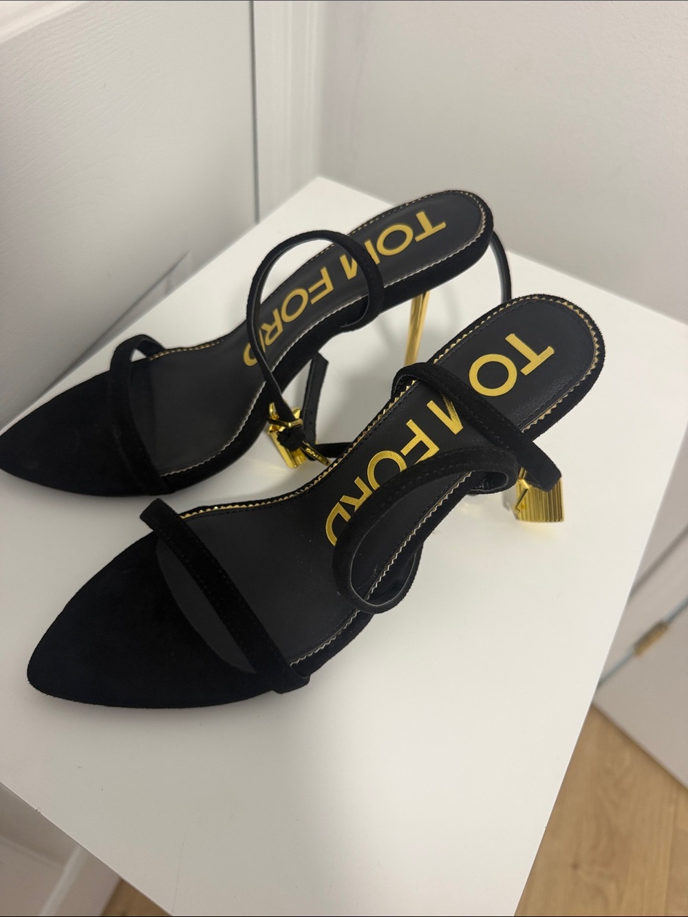 Tom Ford Black Suede Slingback Heels with Gold Geometric Heel